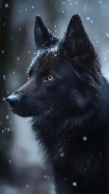 Black shepherd dog watches snowfall in cold blue light.