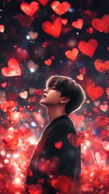 Silhouetted Figure Immersed in Luminous Red Heart Particles