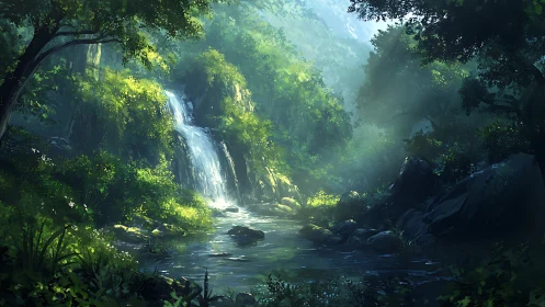 Luminous Waterfall Canyon: Digital Ecosystem Rendering.