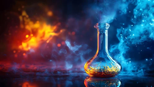 Glass potion bottle with glowing fire and smoke effects.