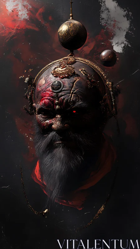 Elder warlock head with orbital relics in dark infernal void