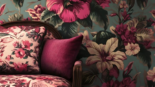 Floral sofa and pillows against bold botanical wallpaper.
