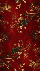 Red textile surface displays repeating gold holly foliage motif