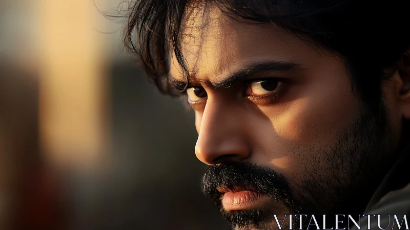 Male face in intense side-lit close-up with focused stare