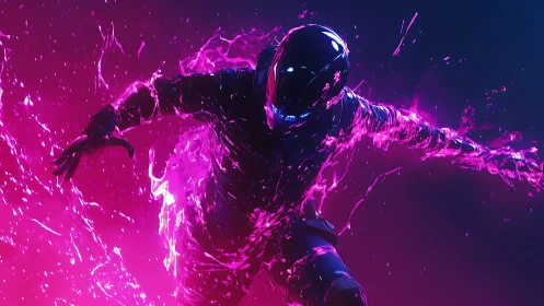 Neon-splashed cyber runner erupts through electric magenta storm.