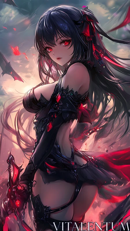 Dark-haired anime figure with red accents in fantasy armor.
