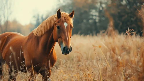 Chestnut daydream: golden horse wandering through autumn field.