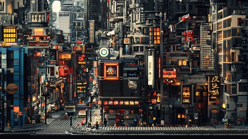 Dense LEGO cyberpunk city glows with layered neon detail