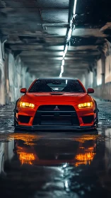 Red Mitsubishi sports sedan in wet tunnel with neon reflection
