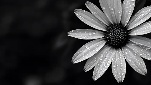 Daisy Petals Adorned with Morning Dewdrops in Monochrome.