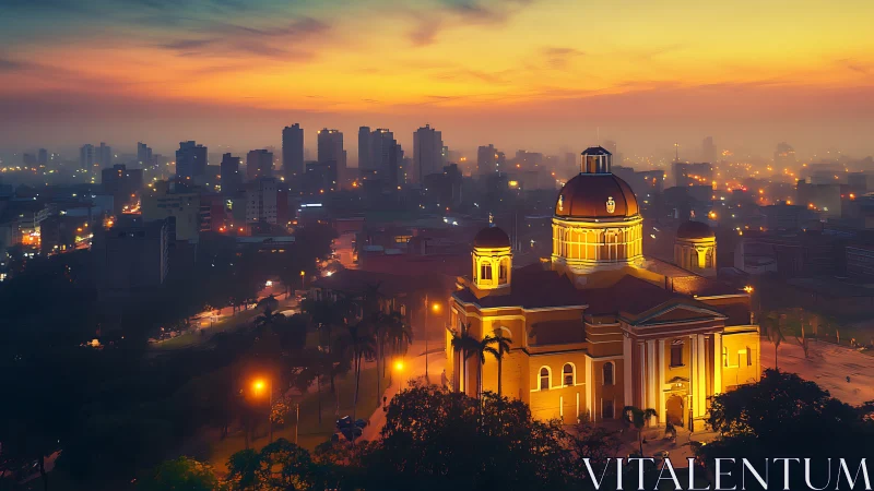 Sunlit domed cathedral glowing over misty evening skyline.