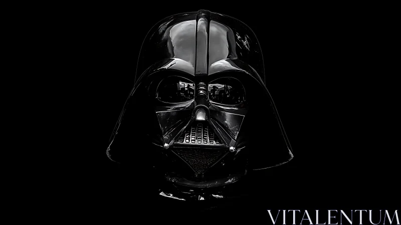 Specular low-key portrait of glossy black respirator helmet.