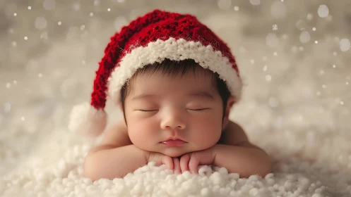 Sleeping newborn wears red Santa hat on soft white blanket