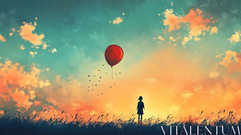 Solitary child beneath drifting red balloon at dusk.