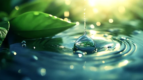 Water droplet splash beside green leaves in sunlight.