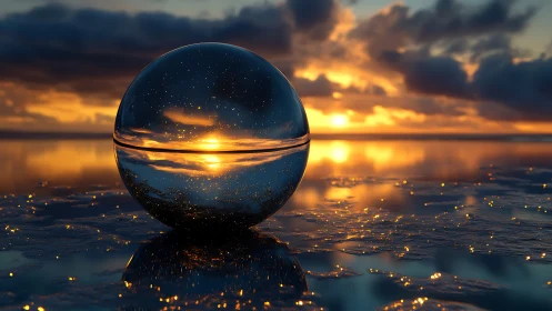 Reflective glass sphere mirroring golden ocean sunset horizon.