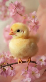 Yellow Chick Perched Among Blooming Pink Flowers in Soft Focus Composition