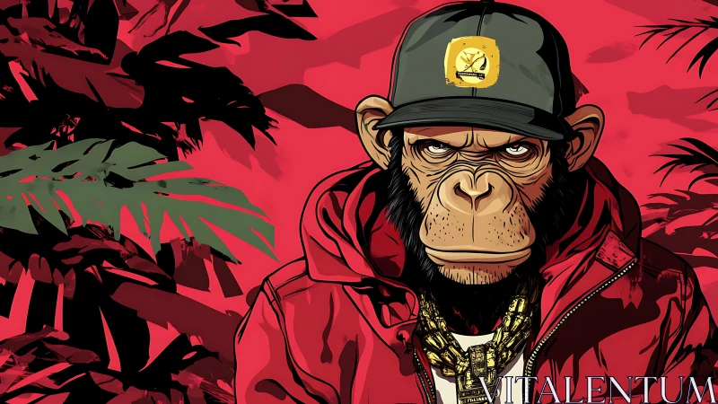 Stylized chimp in red jacket stares forward against jungle backdrop