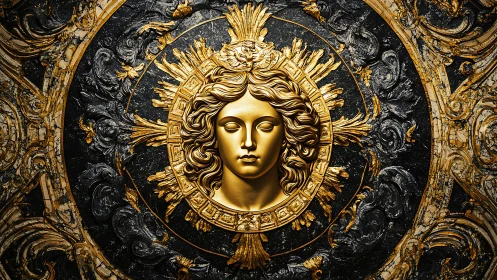 Radiant golden sun goddess medallion in baroque relief.