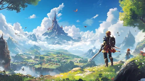 Heroic adventurers survey a vast fantastical valley landscape