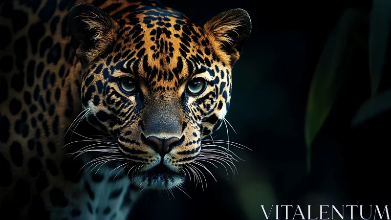 Spotted jaguar close-up in low light forest setting.