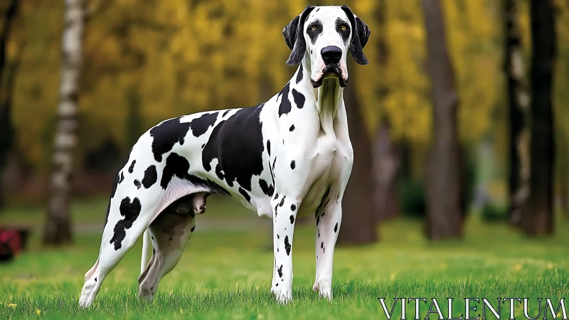 Harlequin Great Dane standing in sharp focus on grassy lawn