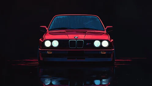 Scarlet night-run coupe staring down the neon-dark road.