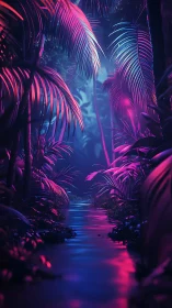Neon jungle river glows under vivid magenta cyan light.