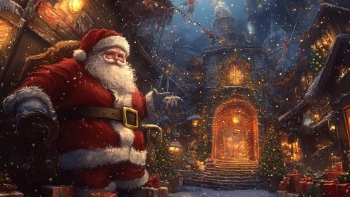 Santa welcomes visitors to a snowlit, glowing Christmas town