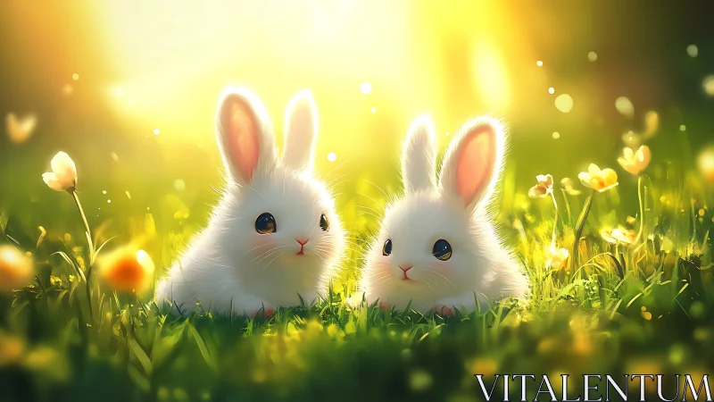 White rabbits in sunlit meadow with yellow flowers.