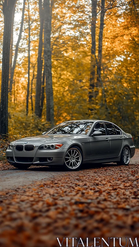 Silver sedan parked on forest road amid autumn foliage.