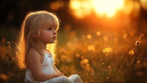 Young child in white dress seated among flowering plants.