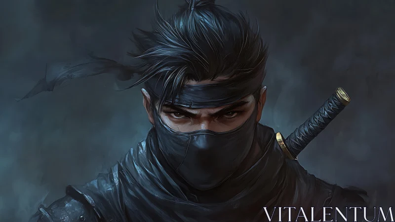 Steely‑eyed masked shinobi rendered with high‑contrast digital brushwork