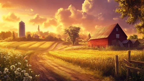 Golden rural landscape with red barn under sunset sky.
