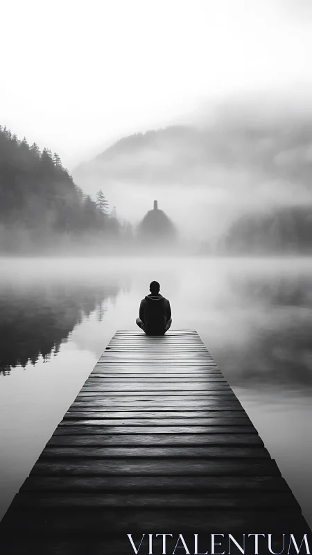 Solitary figure on misty lakeside pier in high contrast monochrome