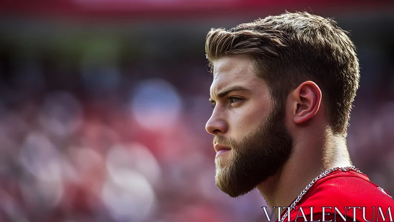 Telephoto profile portrait of bearded male athlete in stadium