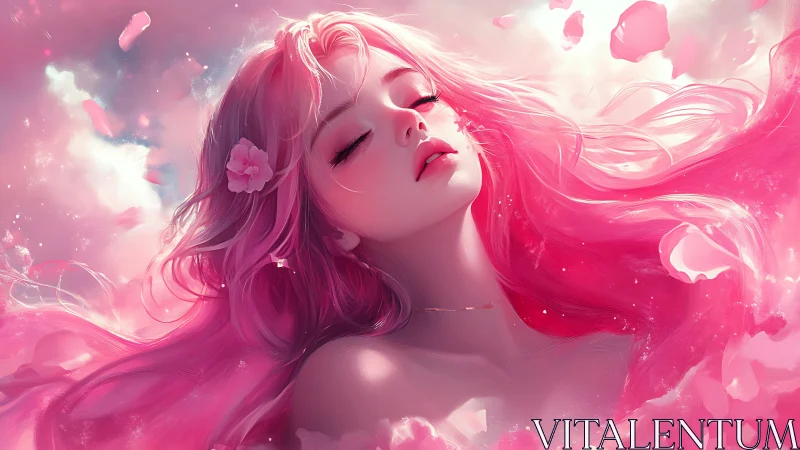 Dreamlike pink haired woman in floating rose petal clouds