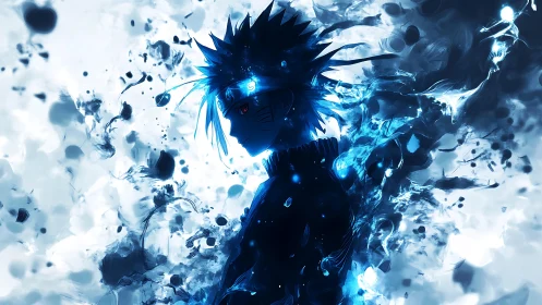 Silhouetted spiky-haired figure in blue abstract energy field.