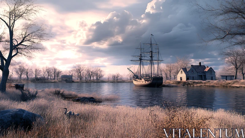 Colonial sailing vessel anchored at riverside settlement.