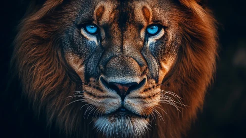 High-contrast lion portrait shows cyan irises and detailed fur lighting