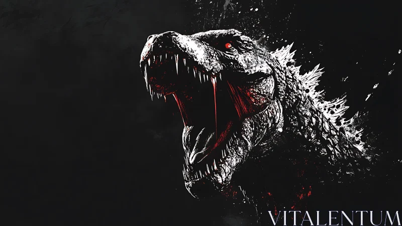 Monochrome reptilian kaiju head with open jaws on black field.