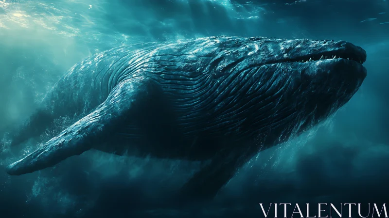 Celestial blue whale drifts through luminous ocean dusk.