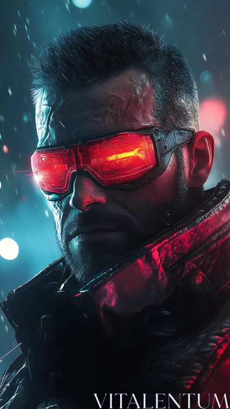 Cybernetic soldier wearing red visor in neon rain scene