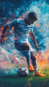 Dynamic soccer player bursts through swirling fire and ice haze