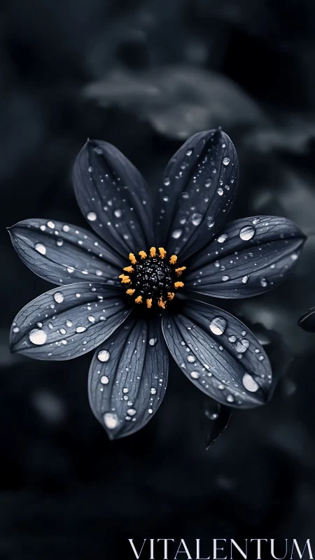 Black Cosmos with Golden Center Covered in Raindrops.