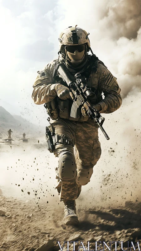 Soldier charging through desert combat smoke clouded battlefield.