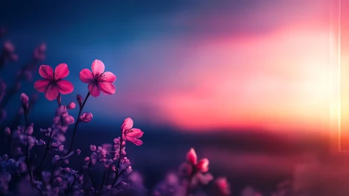 Neon pink wildflowers glow against blurred sunset horizon.