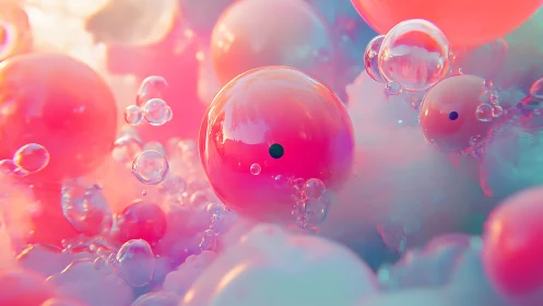 Iridescent macro spheres in pastel volumetric fog simulation