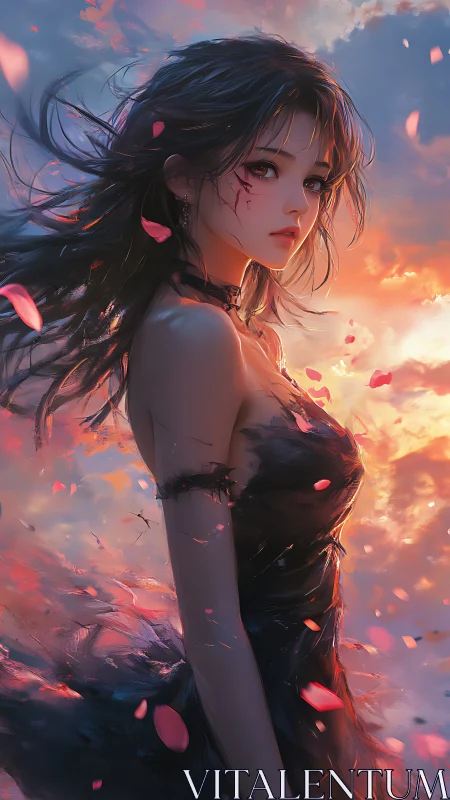 Side profile of injured woman in dark dress at sunset.