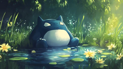 Blue creature resting beside reflective pond in forest light.